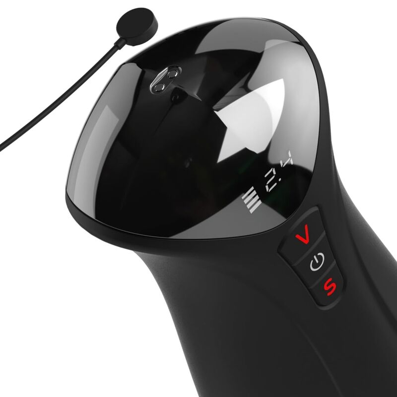 Gros plan sur l'écran et les commandes du masturbateur automatique PDX Elite Fap-O-Matic Pro XL, câble de recharge USB magnétique