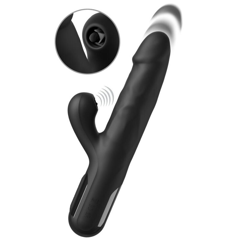 Vibrateur lapin Fetish Fantasy Series Sonix noir, vue de trois quarts avec gros plan sur la languette clitoridienne