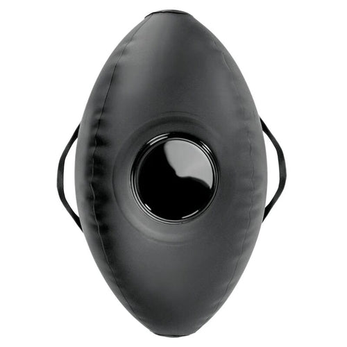Coussin gonflable Body Dock noir Fetish Fantasy vu de face, ouverture centrale pour fixer un accessoire et sangles de maintien, surface lisse floquee.