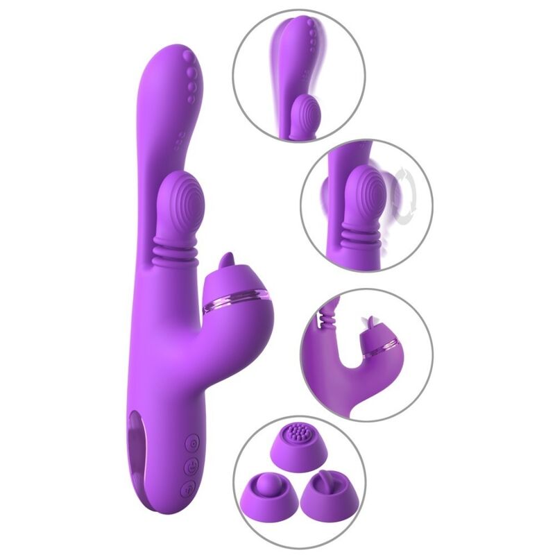 Vibrateur lapin Fantasy for Her Intimotion Pulse Pro violet, planche de détails avec quatre gros plans sur les têtes interchangeables
