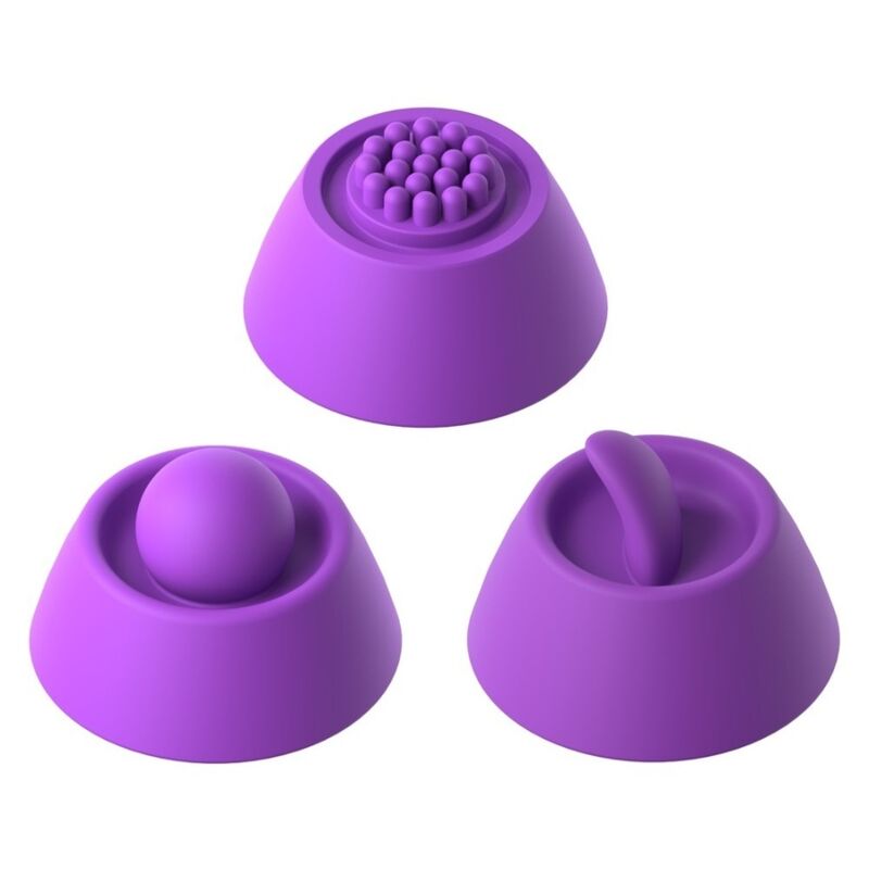 Les trois têtes interchangeables du vibrateur lapin Fantasy for Her Intimotion Pulse Pro, à picots, boule lisse et languette