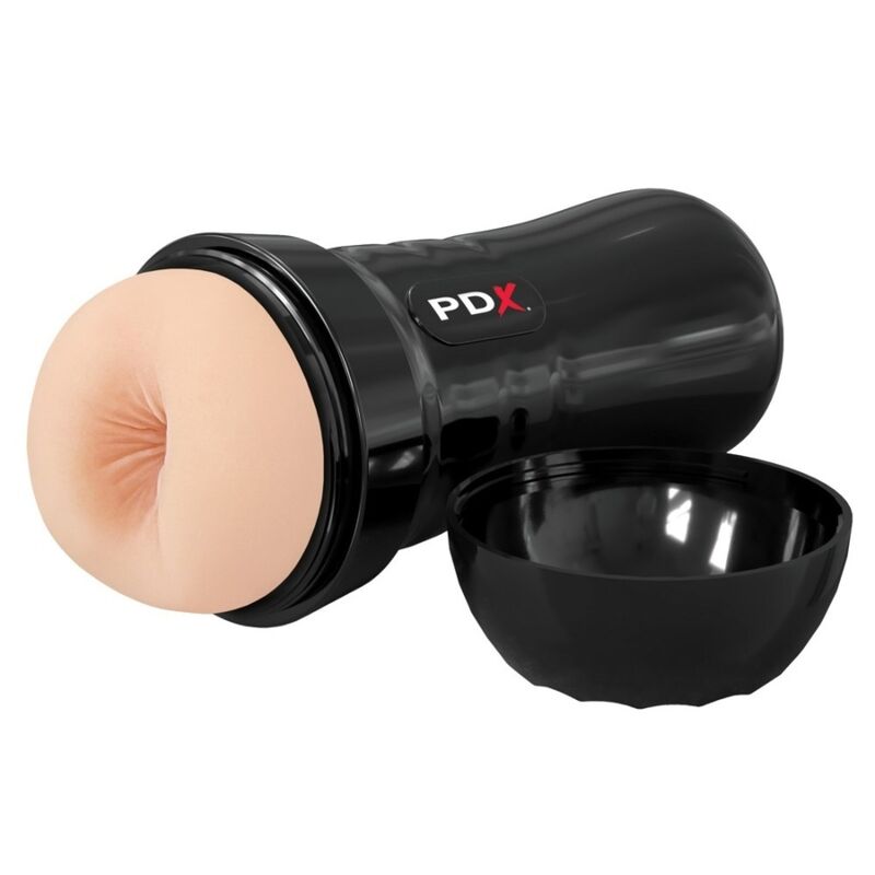 Masturbateur anal PDX Extreme Wet Bussies allongé, couvercle noir amovible posé à côté
