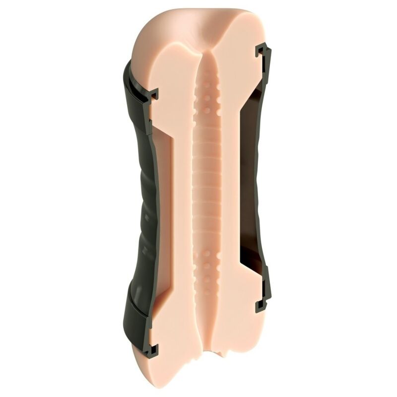Coupe transversale du manchon interne montrant la texture nervurée rosée à l'intérieur du boîtier noir ouvert