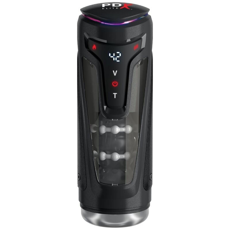 Masturbateur automatique PDX Elite Moto-Bator Pro vu en angle, écran de commande affichant le niveau de chaleur et de vitesse