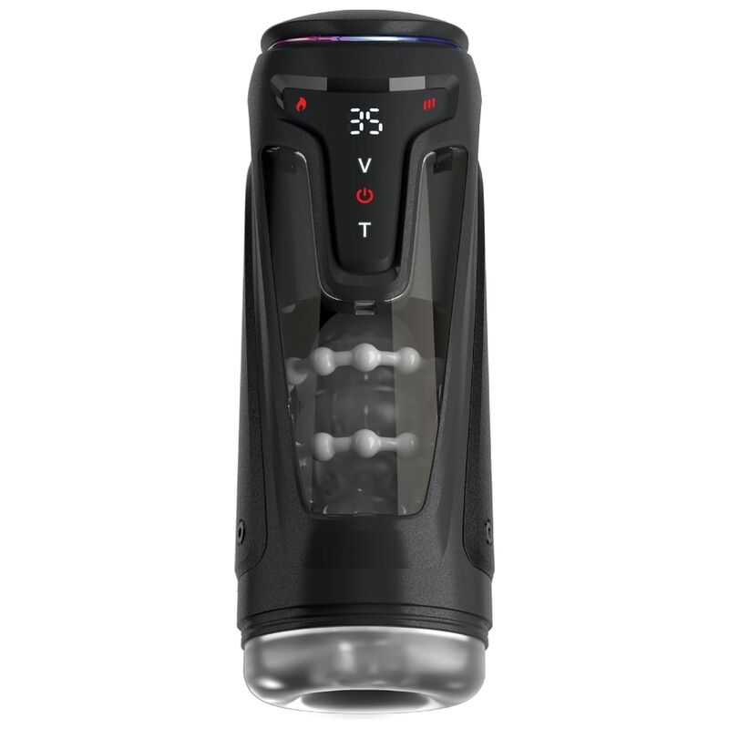 Masturbateur automatique PDX Elite Moto-Bator Pro vu de face, tunnel interne à billes visible à travers la fenêtre transparente
