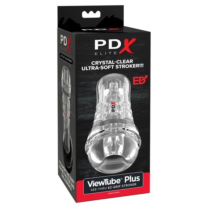 Emballage du PDX Elite Viewtube Plus See-Thru EZ-Grip, boîte noire et rouge avec fenêtre montrant le stroker transparent