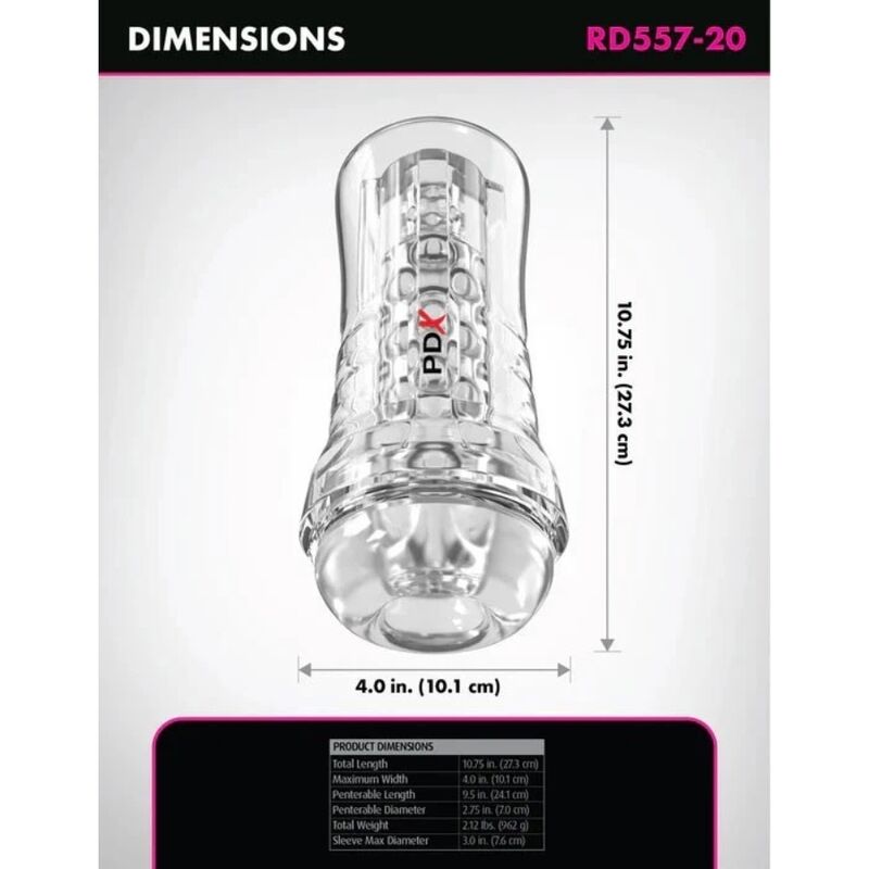 Infographie des dimensions du fabricant PDX (référence RD557-20) : longueur totale 27,3 cm, largeur maximale 10,1 cm — visuel générique du fabricant, incohérent avec la longueur de 21 cm de cette fiche
