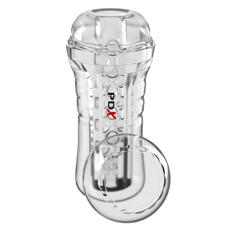 Masturbateur PDX Viewtube Plus transparent, vue de trois quarts montrant le manchon texturé et le bouchon inférieur amovible