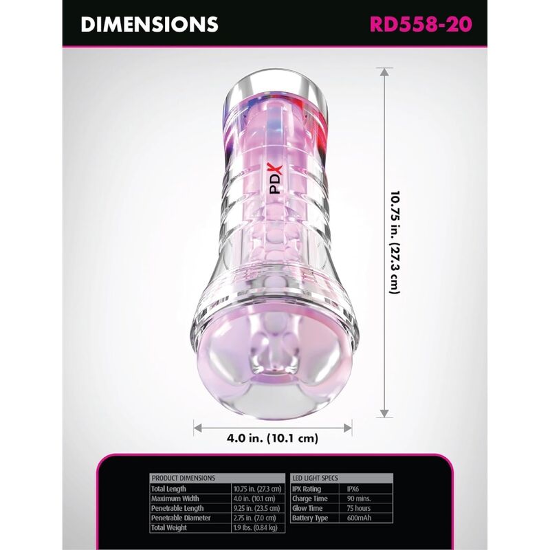 Infographie des dimensions du fabricant PDX (référence RD558-20) : longueur totale 27,3 cm, largeur 10,1 cm, longueur pénétrable 23,5 cm, caractéristiques de l'éclairage LED