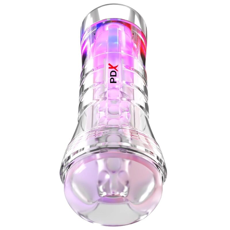Masturbateur PDX Viewtube XXL LED vue de face, tunnel transparent éclairé de rose et violet avec ouverture illuminée