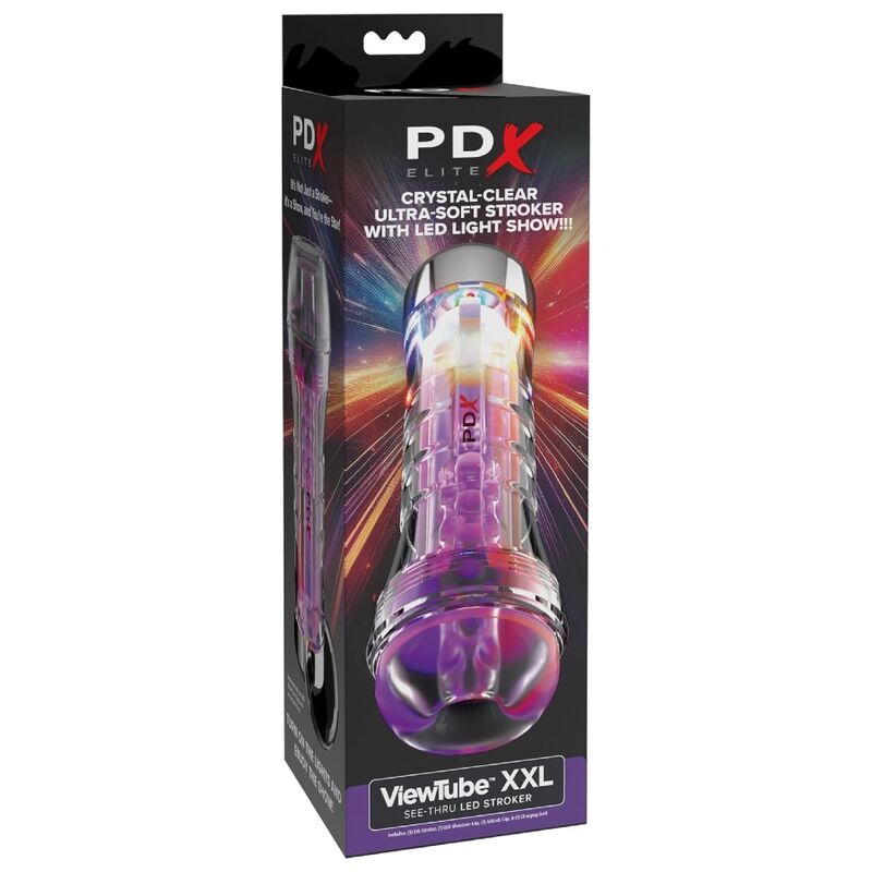 Emballage du PDX Elite Viewtube XXL See-Thru LED Stroker, boîte violette avec fenêtre sur le produit éclairé