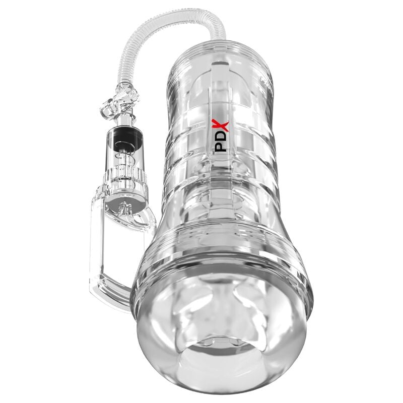 Masturbateur PDX Viewtube Vac XXL transparent avec pompe manuelle à poire reliée par un tuyau, vue de trois quarts
