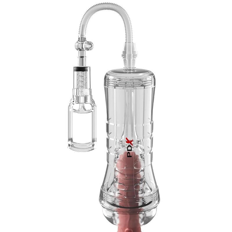 PDX Viewtube Vac XXL tenu en main, pompe manuelle à poire connectée sur le côté du boîtier transparent