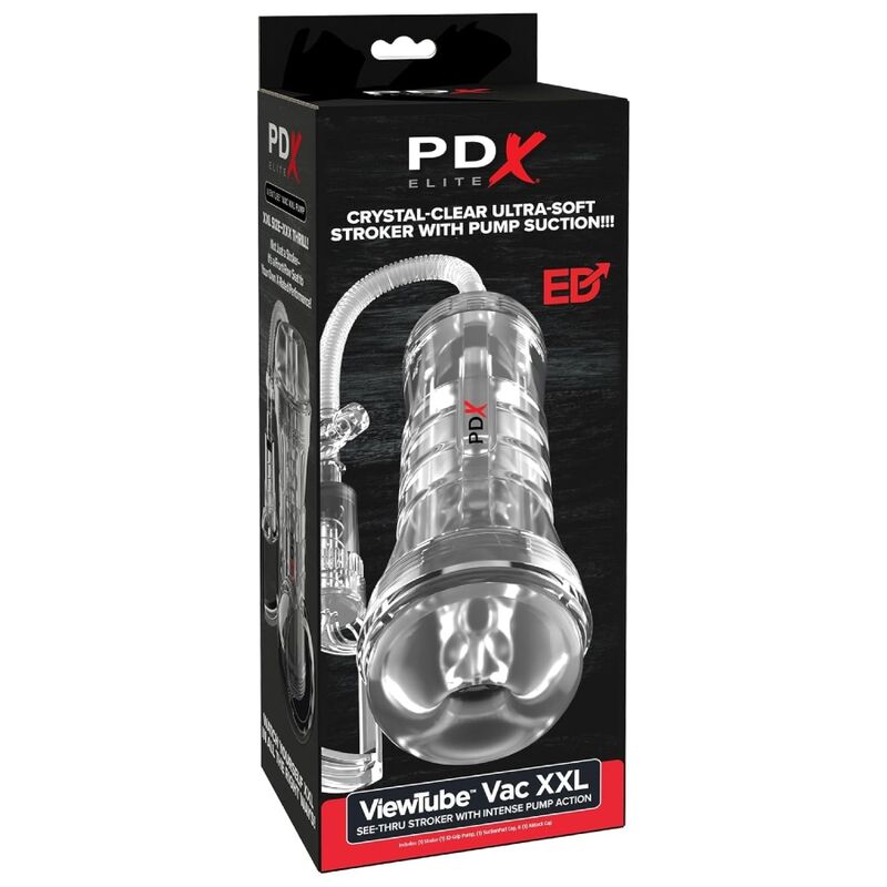 Emballage du PDX Elite Viewtube Vac XXL avec pompe à succion, boîte noire montrant le stroker transparent et la pompe