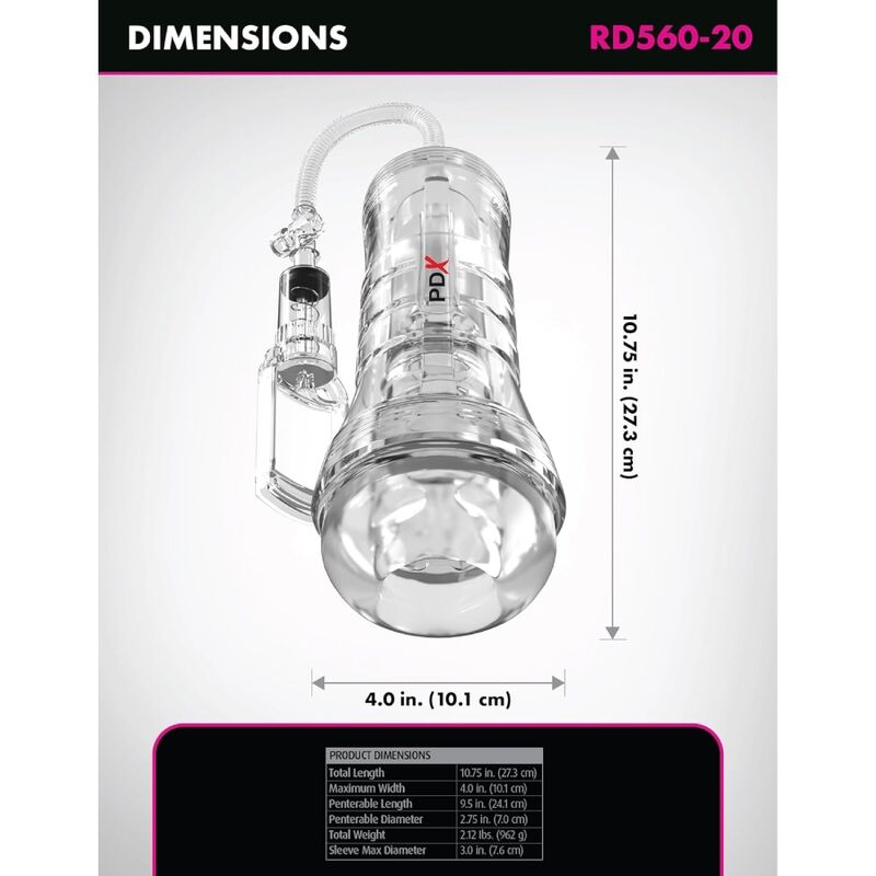 Infographie des dimensions du fabricant PDX (référence RD560-20) : longueur totale 27,3 cm, largeur maximale 10,1 cm, longueur pénétrable 24,1 cm