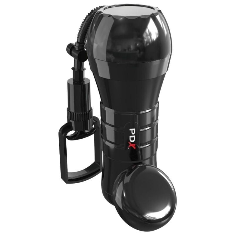 PDX Wet Pussies Super Sucker XXL vue de trois quarts arrière, pompe manuelle à poire noire connectée sur le côté