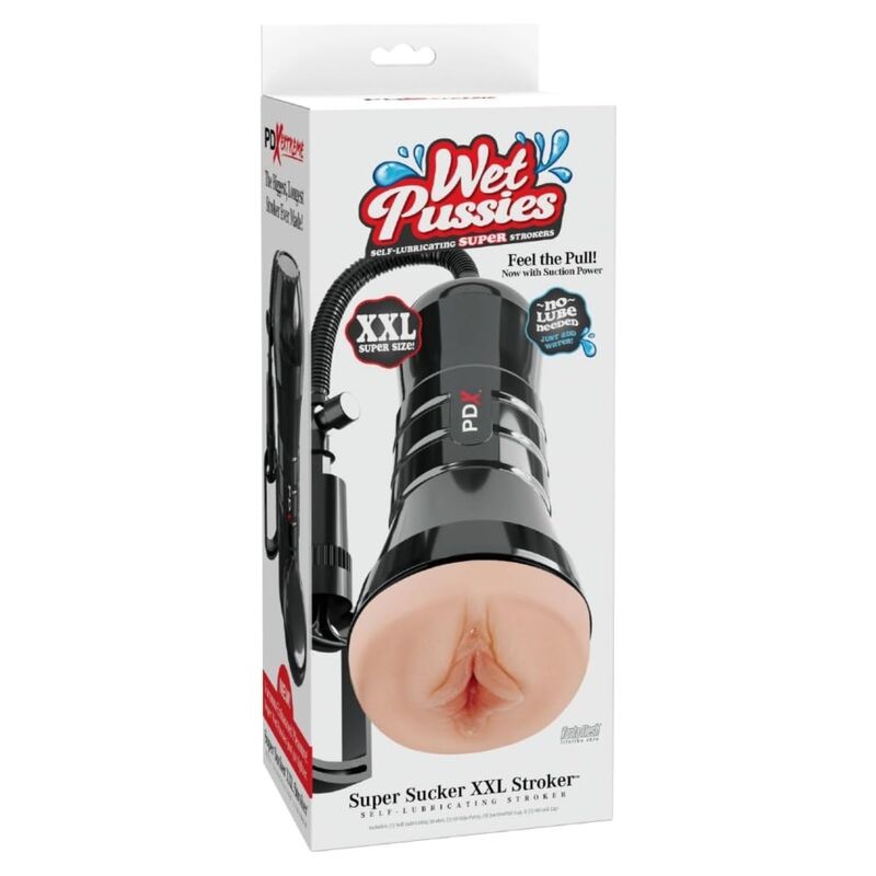 Emballage du PDX Extreme Wet Pussies Super Sucker XXL Stroker, boîte blanche montrant le produit et l'ouverture vaginale réaliste
