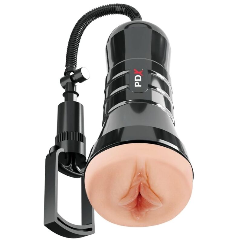 Masturbateur PDX Wet Pussies Super Sucker XXL noir avec pompe d'aspiration manuelle reliée par un tuyau, ouverture vaginale réaliste vue de face