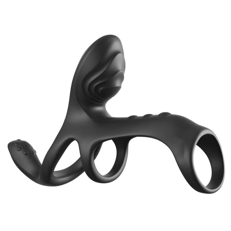 Anneau pénien vibrant Fantasy C-Ringz Ultimate Couples Cage Max noir, vue de profil montrant le stimulateur clitoridien et les trois anneaux