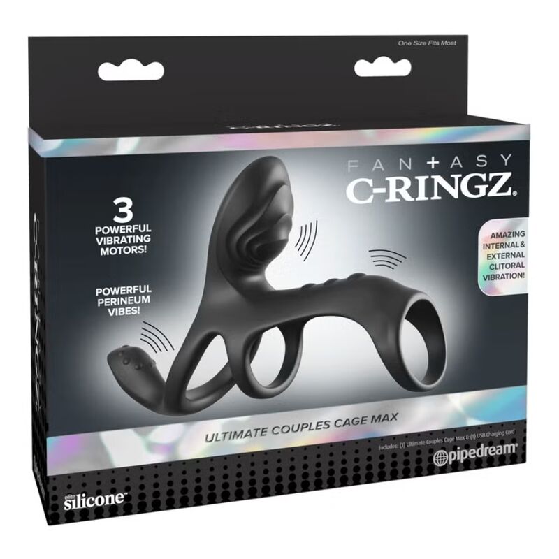 Emballage du Fantasy C-Ringz Ultimate Couples Cage Max, boîte noire mentionnant 3 moteurs vibrants puissants et vibrations périnéales