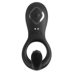Anneau pénien vibrant Fantasy C-Ringz Ultimate Couples Cage Max noir, vue de face montrant le bouton de commande et les pictogrammes de certification