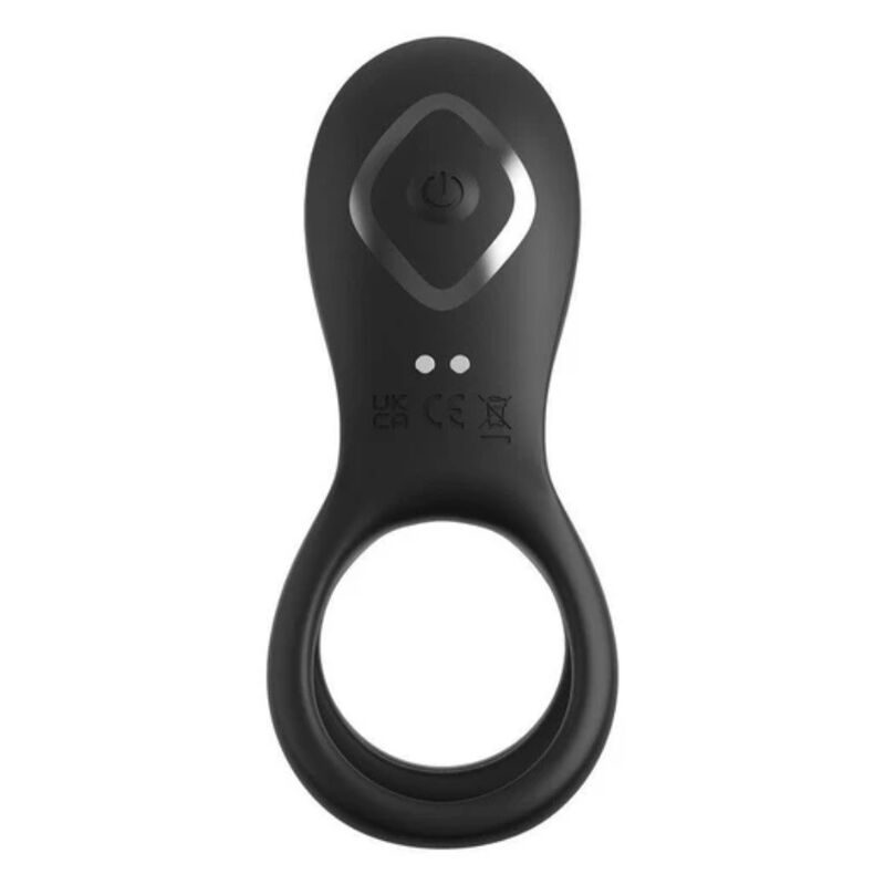 Anneau pénien vibrant Fantasy C-Ringz Ultimate Couples Cage Pro noir, vue de face montrant le bouton de commande et les pictogrammes de certification