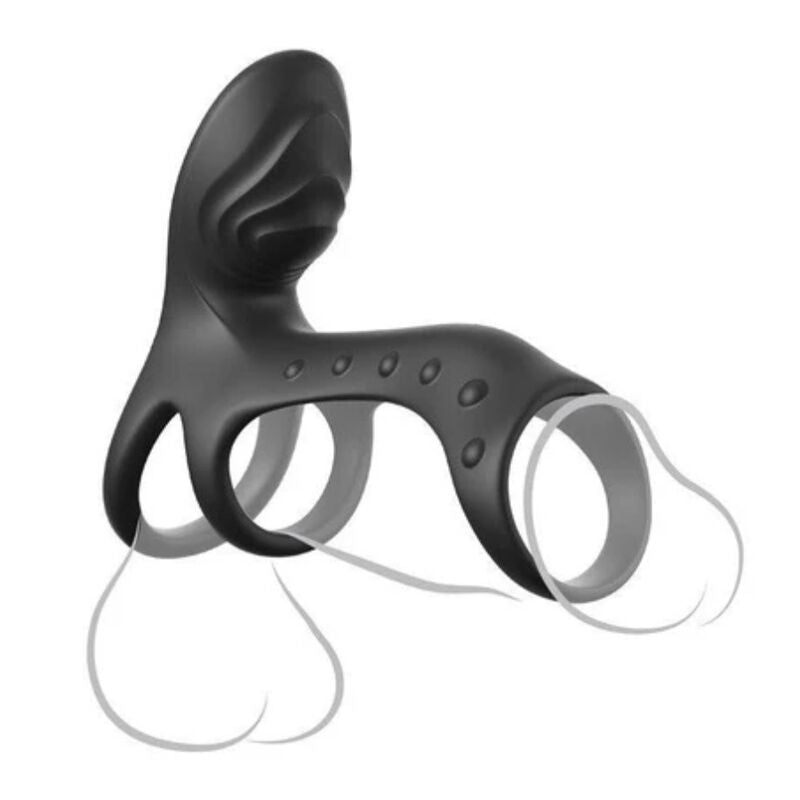 Anneau pénien vibrant Fantasy C-Ringz Ultimate Couples Cage Pro noir, vue de trois quarts montrant les anneaux extensibles et le cordon de charge