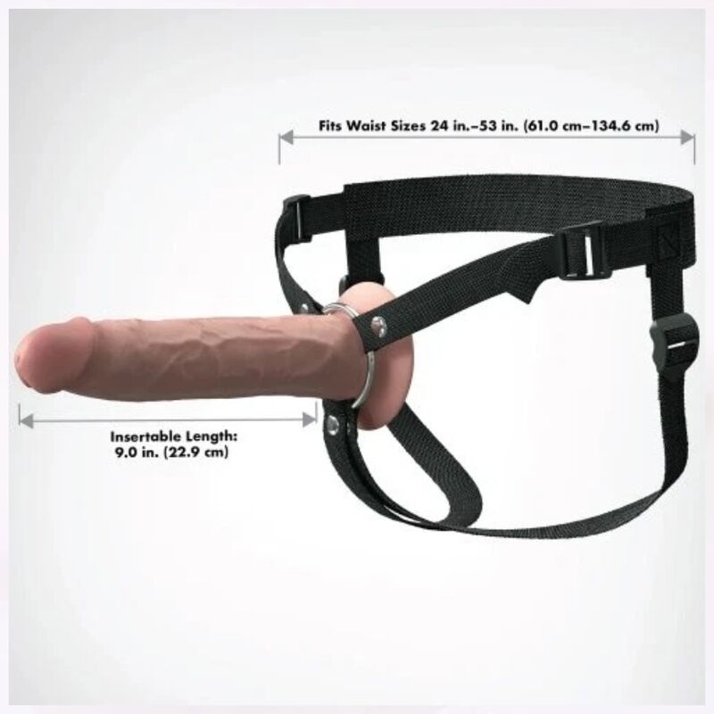 Schéma du harnais Fantasy X-Tensions montrant une longueur insérable de 22,9 cm et un tour de taille compatible de 61 à 134,6 cm — mesure incohérente avec la longueur de 21,5 cm indiquée pour cette fiche (visuel générique probable)