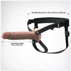 Schéma du harnais Fantasy X-Tensions montrant une longueur insérable de 22,9 cm et un tour de taille compatible de 61 à 134,6 cm — mesure incohérente avec la longueur de 21,5 cm indiquée pour cette fiche (visuel générique probable)