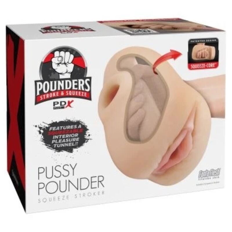 Emballage du PDX Plus Pounders Pussy Pounder Squeeze Stroker, boîte blanche et rouge montrant le produit et la technologie Squeeze-Core