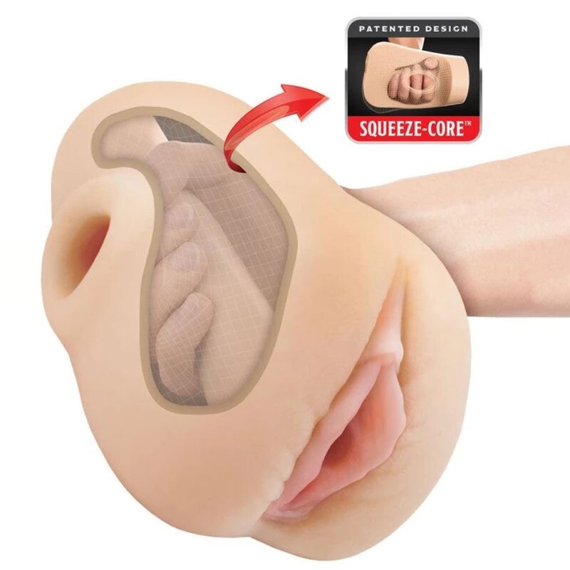 Masturbateur PDX Plus Pussy Pounder coupé en coupe montrant la texture interne compressible et la technologie Squeeze-Core, ouverture vaginale réaliste visible