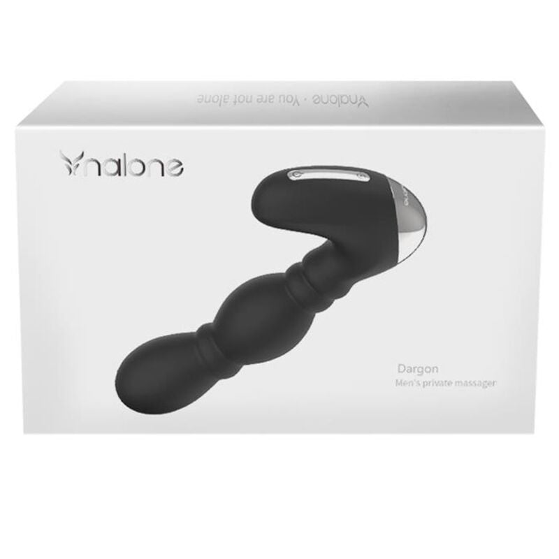 Boîte d'emballage Nalone du masseur de prostate, avec mention imprimée « Dargon, Men's private massager » (orthographe telle qu'affichée sur l'emballage)
