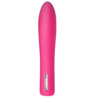 Vibrateur droit rose, vue de face, embout arrondi lisse et plaque de marque "Sinmis" à la base