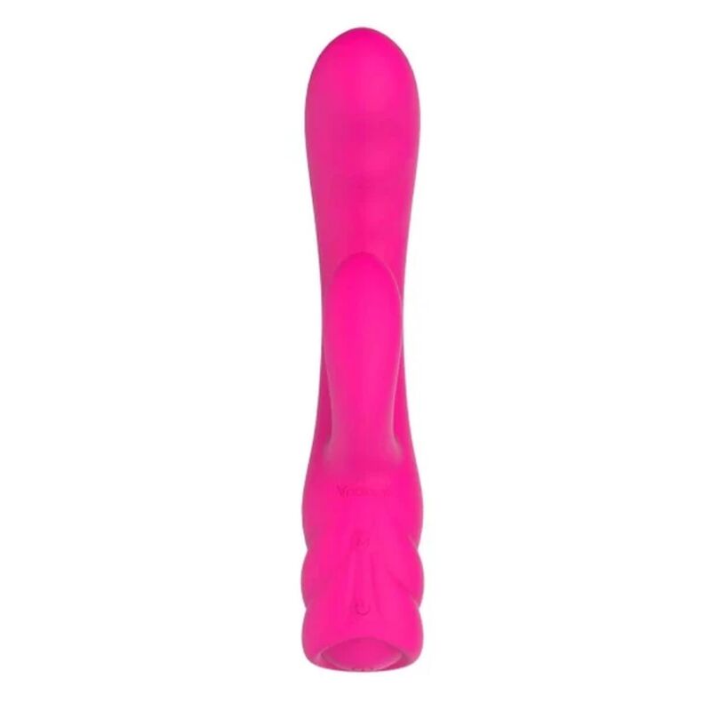 Vibrateur lapin rose vue de face verticale, tige principale et bras clitoridien avec base striée et embout de charge
