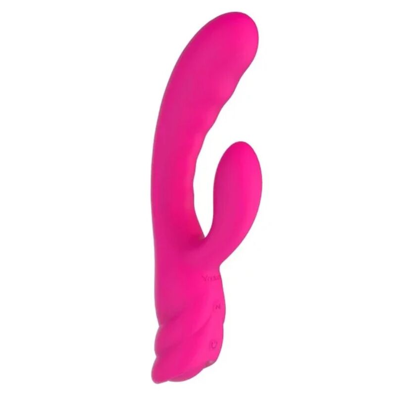 Vibrateur lapin rose vue de face, tige principale incurvée et bras stimulateur clitoridien plus court sur le côté
