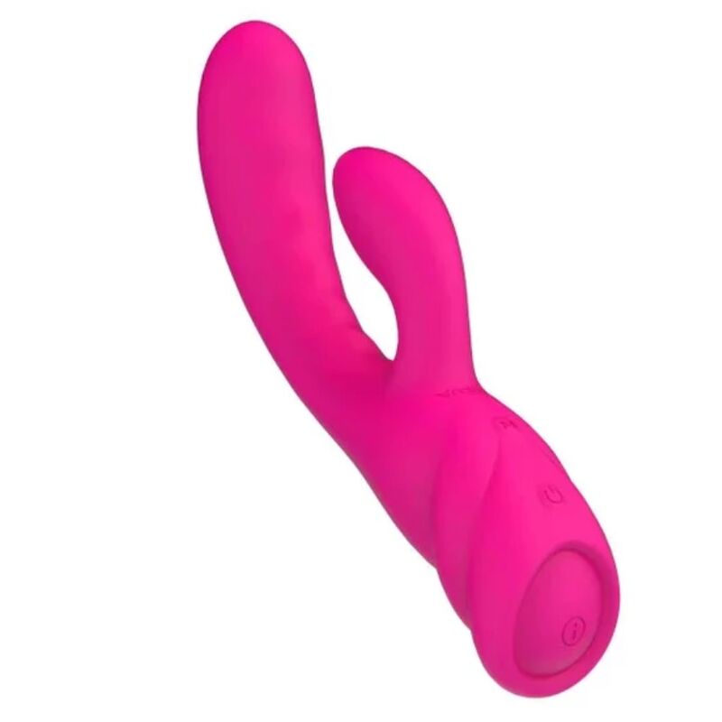 Vibrateur lapin rose vue de trois quarts, bouton de commande visible sur le corps près de la base