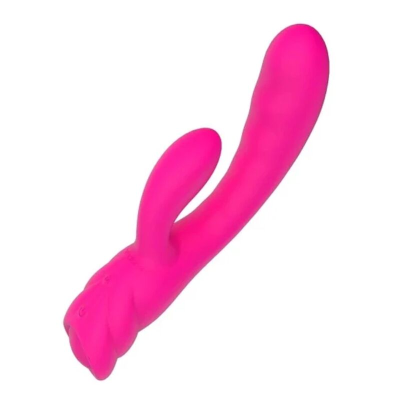 Vibrateur lapin rose vue de trois quarts en diagonale, bras clitoridien et tige principale bien visibles