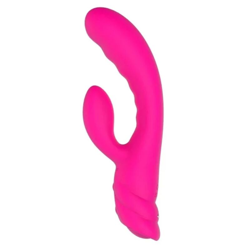 Vibrateur lapin rose vue de face sous un autre angle, tige lisse et bras clitoridien arrondi