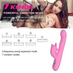 Vibrateur lapin rose sur fond de photo de deux femmes allongées, mention "7 kinds powerful vibration mode"