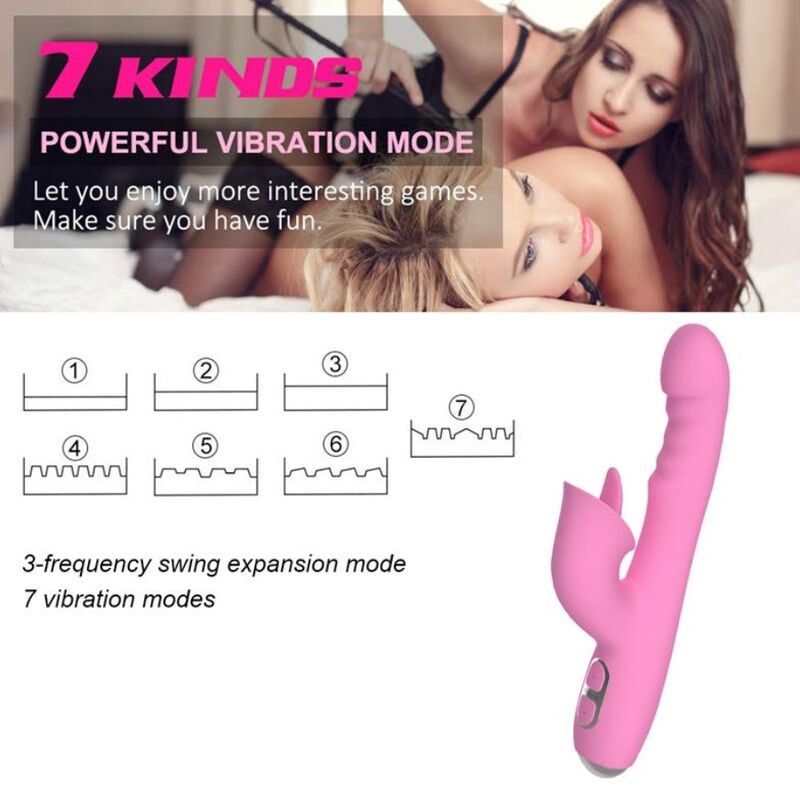 Vibrateur lapin rose sur fond de photo de deux femmes allongées, mention "7 kinds powerful vibration mode"