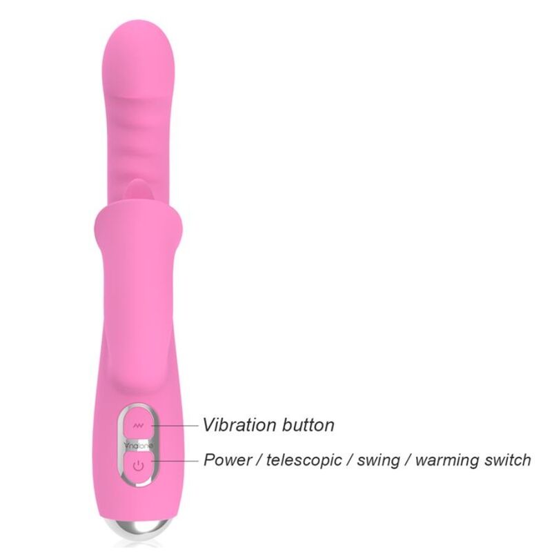 Vibrateur lapin rose vue de face verticale montrant les boutons vibration et marche/arrêt avec logo Nalone