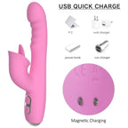 Vibrateur lapin rose vue de profil avec pictogrammes des méthodes de recharge USB et gros plan sur les plots de charge magnétique
