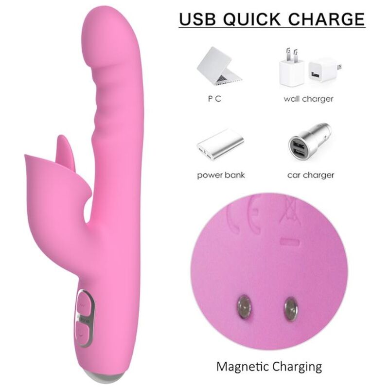 Vibrateur lapin rose vue de profil avec pictogrammes des méthodes de recharge USB et gros plan sur les plots de charge magnétique