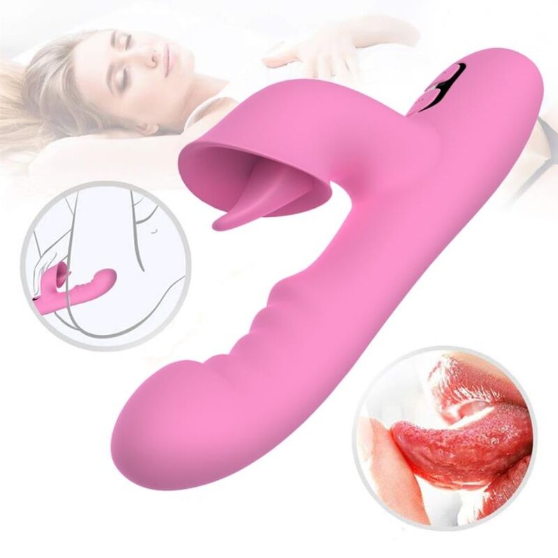 Vibrateur lapin rose tenu contre une hanche, gros plan sur la langue stimulante en médaillon et illustration d'une bouche entrouverte