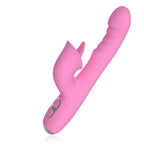 Vibrateur lapin rose vue de trois quarts, langue stimulante et tige principale nervurée
