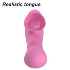 Gros plan sur l'embout texturé nervuré du vibrateur lapin rose, vue de face, mention "Realistic tongue"