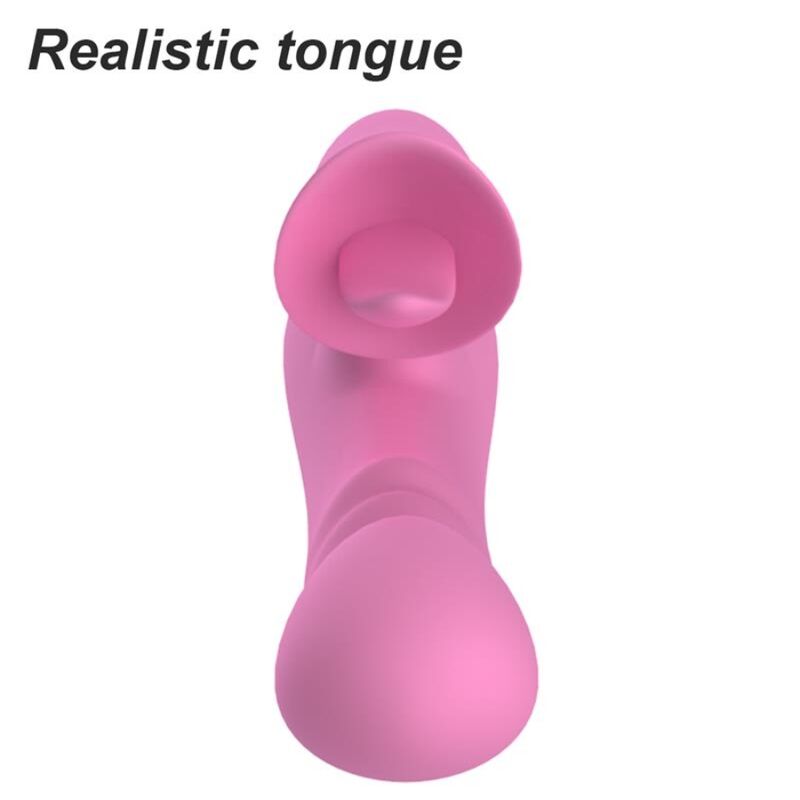Gros plan sur l'embout texturé nervuré du vibrateur lapin rose, vue de face, mention "Realistic tongue"