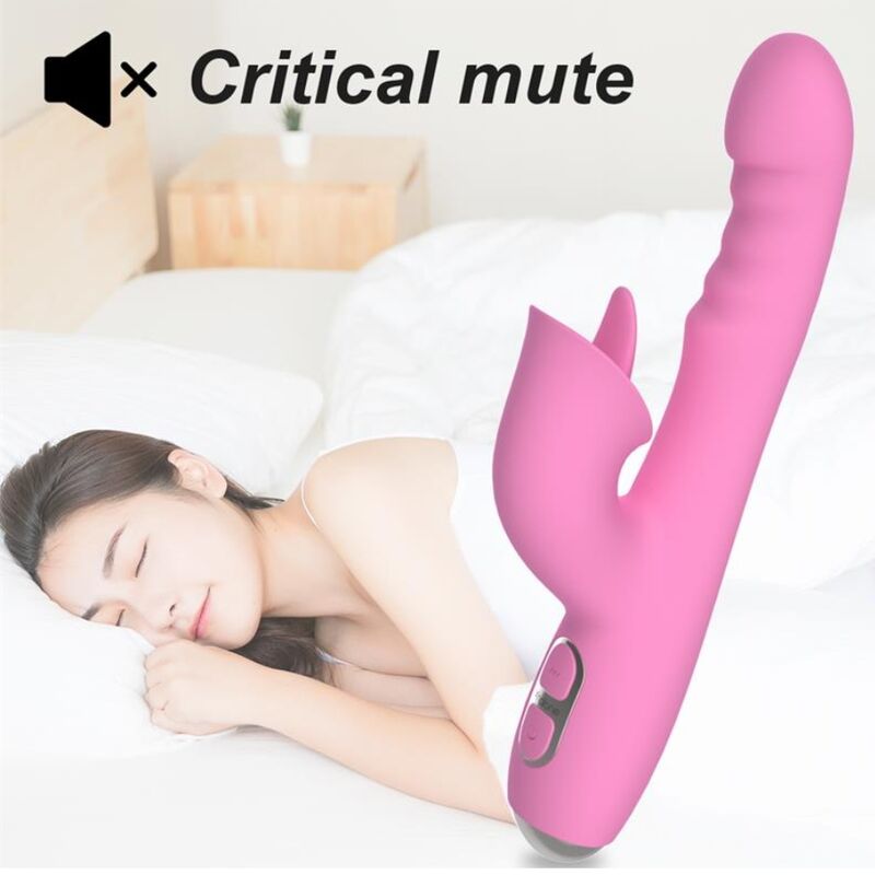 Vibrateur lapin rose vue de trois quarts sur fond de photo d'une femme endormie, mention "Critical mute"