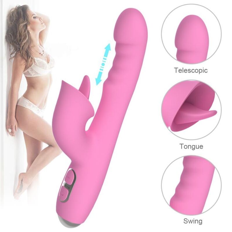 Vibrateur lapin rose vue de trois quarts sur fond de photo lifestyle d'une femme en lingerie blanche, flèche montrant le mouvement télescopique de la tige