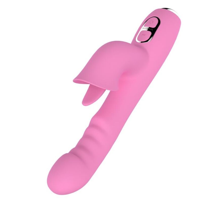 Vibrateur lapin rose vue de trois quarts, bras stimulateur en forme de langue déployé et tige principale nervurée